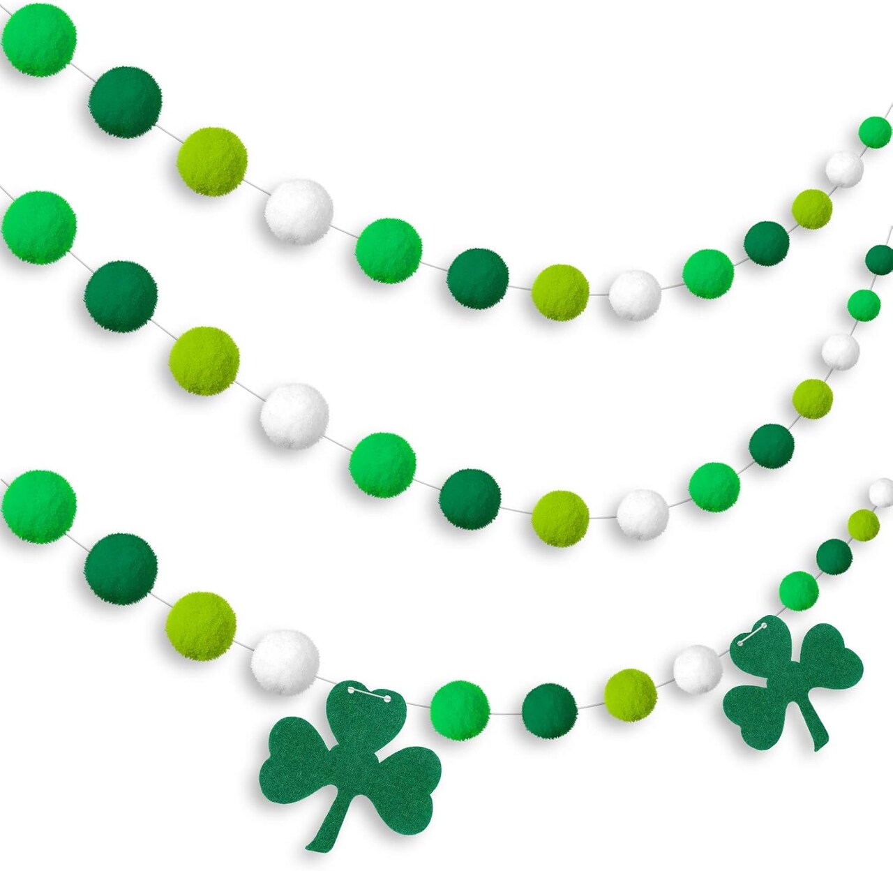 3 Pieces Pom Pom Garlands St. Patrick's Day Felt Shamrock Clover Irish Wall Hanging